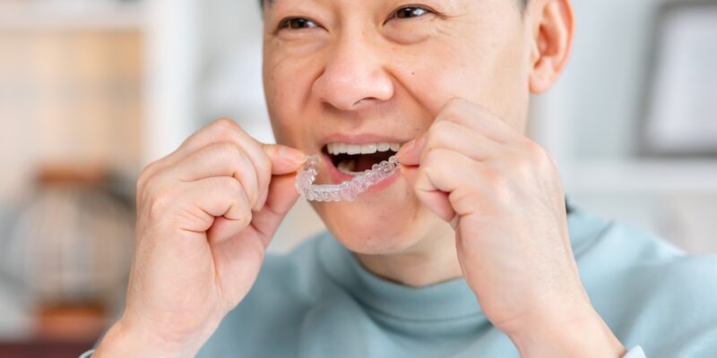Close-up of an older man wearing Invisialign clear aligners